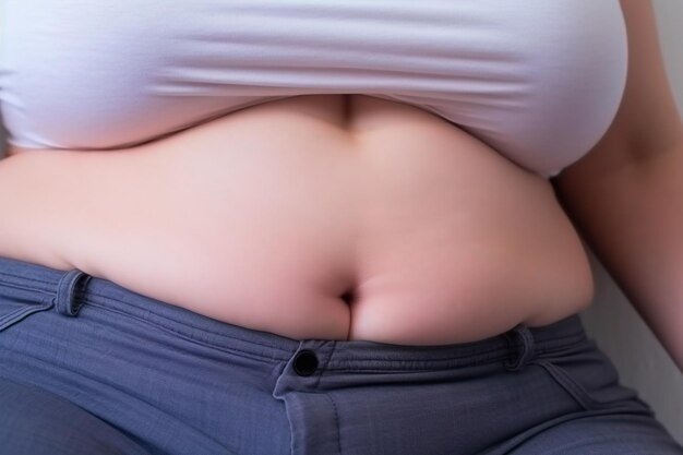 Большой живот вблизи борьба с ожирением очевидный обеспокоенный взгляд на последствия для здоровья