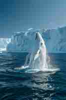 Photo a beluga whale breaching near an iceberg its white body stark against the deep blue of the sea