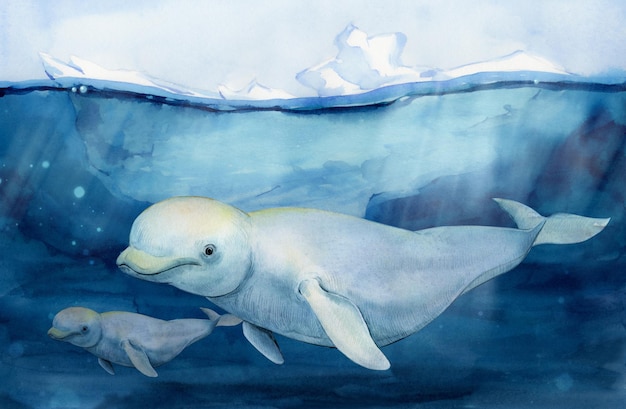 바다에서 표류하는 빙산의 배경에 있는 벨루가 고래 Delphinapterus leucas 수채화 그림 야생 벨루가 고래 새끼와 함께 물에서 수영 북극 풍경