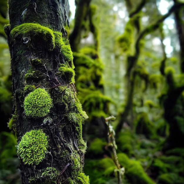 Bemoste boomstam close-up met wazig groen bos