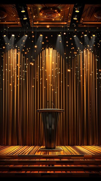 Photo bempty award podium on stage with golden curtain and bright lights