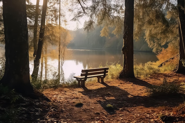 Bench in autumn forest with sunlight