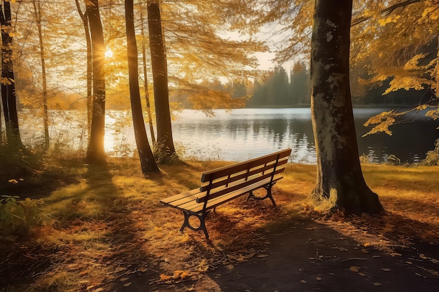 bench in autumn forest with sunlight