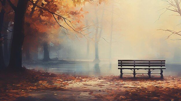 a bench in an autumn park landscape in the morning fog and tranquility background with a copy of space.
