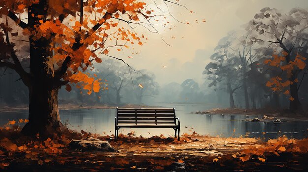 a bench in an autumn park landscape in the morning fog and tranquility background with a copy of space.