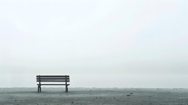 a bench on a beach with a foggy background