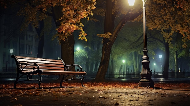 Bench by the roadside with overhead spotlight at night generated by ai