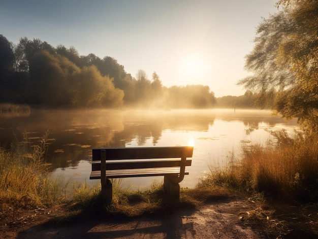 A bench by the water with the sun shining on it