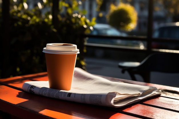 Photo on the bench a cup of to go coffee and a newspaper for reading