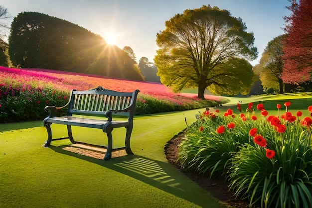 A bench in a field of flowers with a sunset in the background