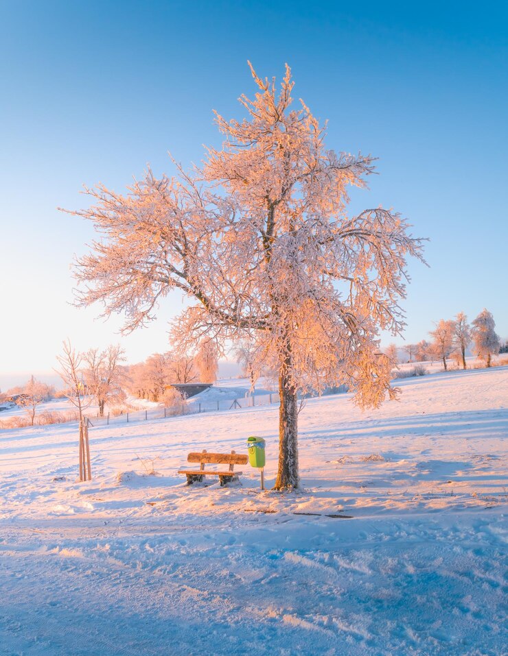 Photo 在雪覆蓋的風景下,在美麗的陽光下,在凍結的裸樹下坐椅