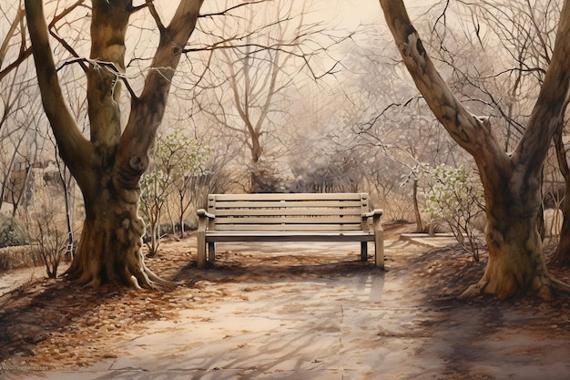 Bench in garden style dry painting