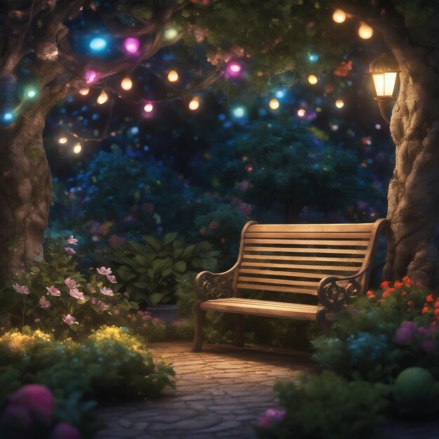 庭のベンチで 妖精の灯りで 夕方のロマンチックな夢のような夕方のシーン