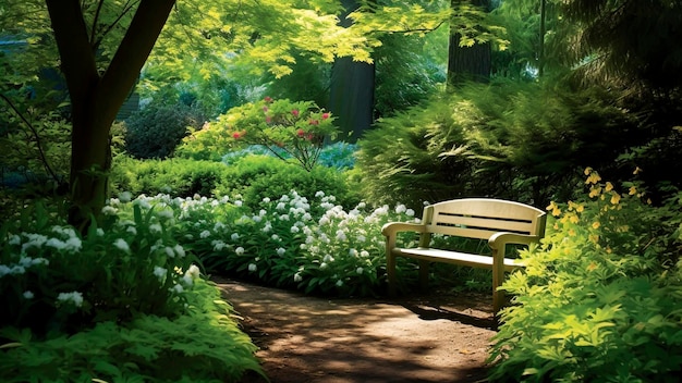 Скамейка в зеленом саду с клумбами и деревьями на заднем плане
