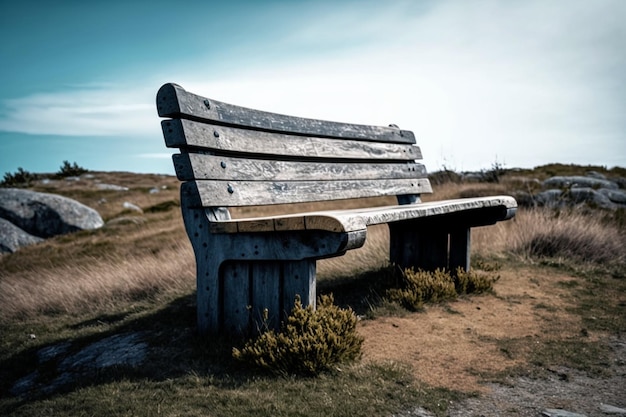 A bench on a hill with the sky in the background