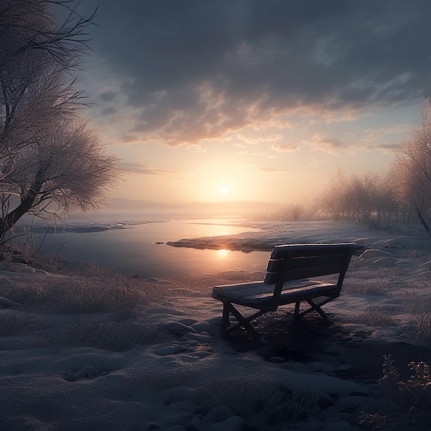 A bench is covered in snow and the sun is setting.