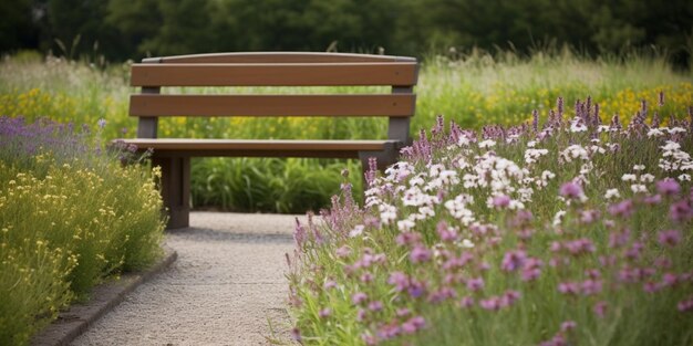 花と草が茂る公園にベンチがあります。