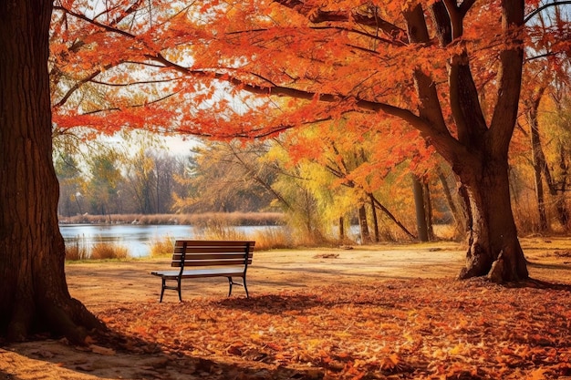 A bench in the middle of a park with fall leaves on the ground and trees lining the lake's edge