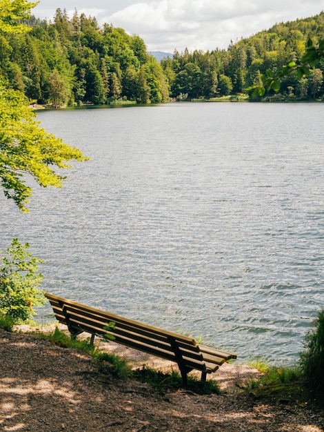 Foto panchina vicino al pittoresco lago di montagna