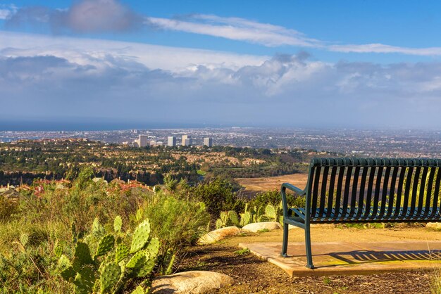 Bench overlooking Huntington Beach from the Vista Ridge Park in California