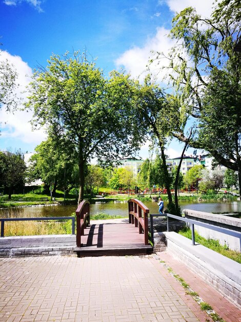 Bench in park against sky