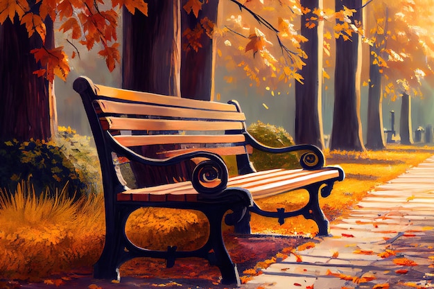 Bench in a park during beautiful sunset Generative Ai