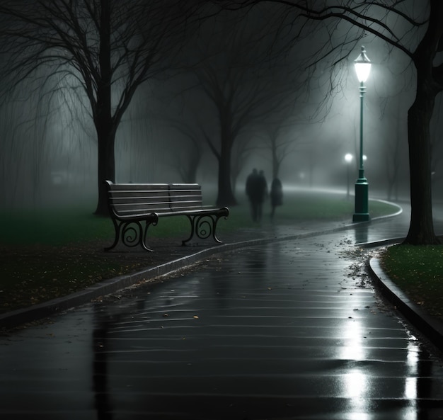 Bench in park by street lamp on dark misty rainy night created using generative ai technology