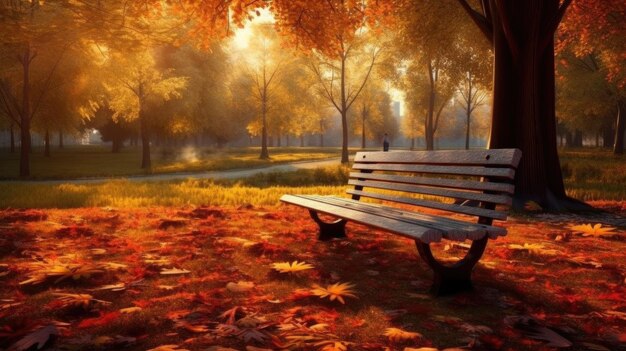 A bench in a park with autumn leaves on the ground