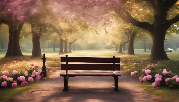 a bench in a park with a painting of a park