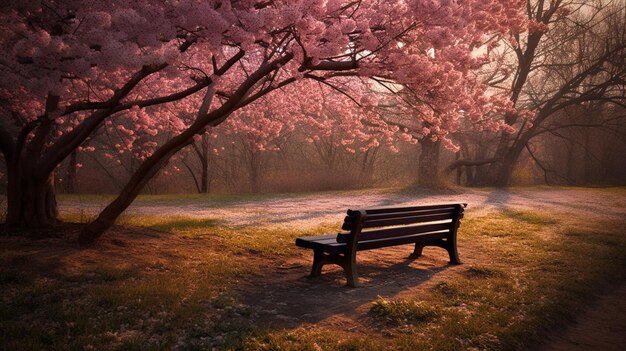 A bench in a park with pink flowers on the ground.