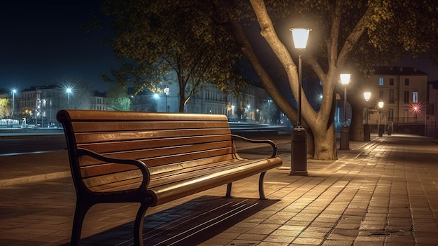 Скамейка в парке с фонарем слева.