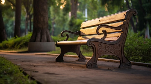 A bench in a park with the sun shining on the bench