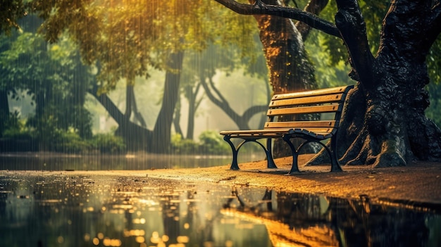 A bench in a park with the sun shining on the ground