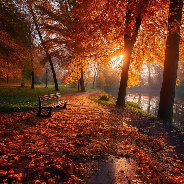 A bench in a park with the sun shining on the leaves