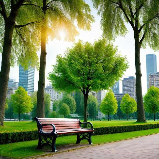 Bench in the parkbeautiful city park at sunset time