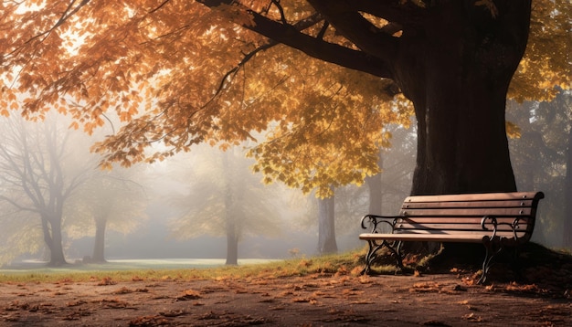 晴れた秋の朝、プラタナスの木の下にあるベンチ