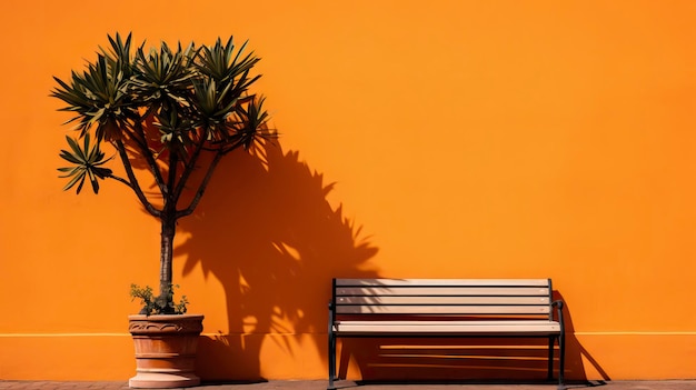 Bench and plant in pot on orange wall background minimal concept generative ai