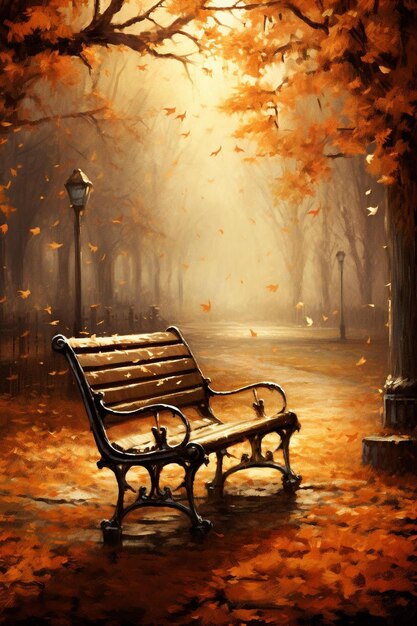 雨の中のベンチでその上に秋の言葉が書かれています