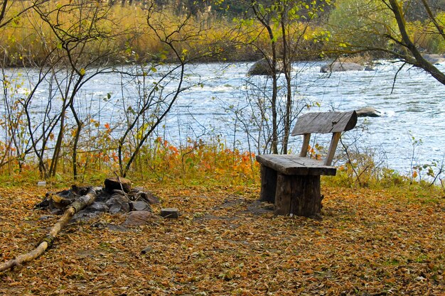 Bench on the riverbank on autumn