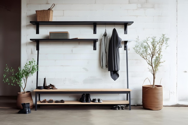 Bench shelf coatrack in industrial space