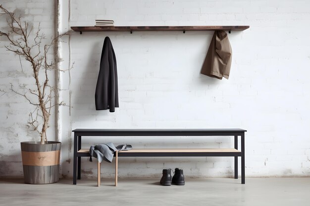 Bench shelf coatrack in industrial space