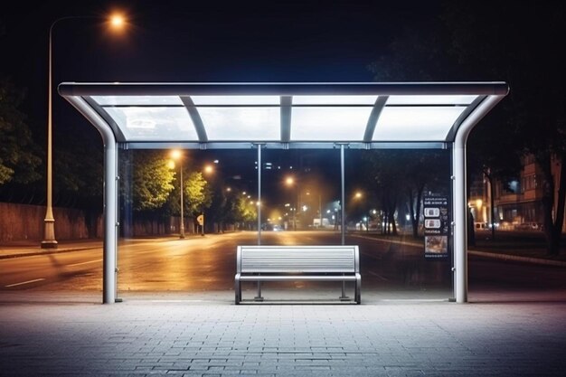 Una panchina seduta di fronte a una fermata dell'autobus di notte
