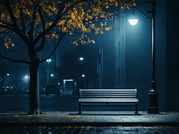 a bench sitting on the side of a street at night