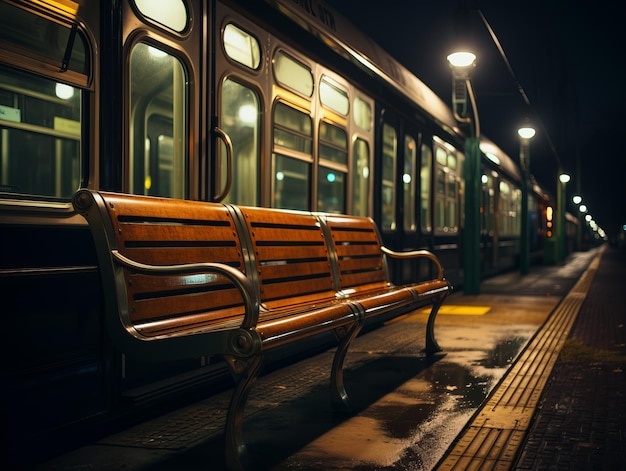 a bench sitting next to a train at night