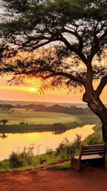 A bench sitting under a tree next to a lake