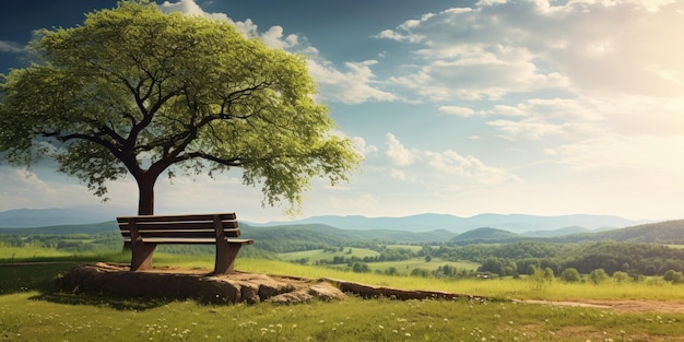 bench sitting under a tree on top of a lush green hillside