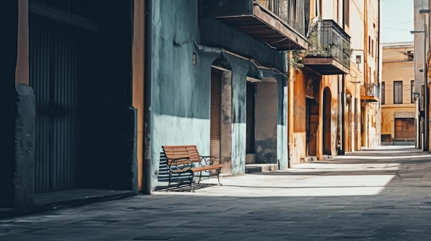 a bench on a street with a building in the background