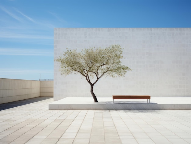 a bench and tree in front of a white building