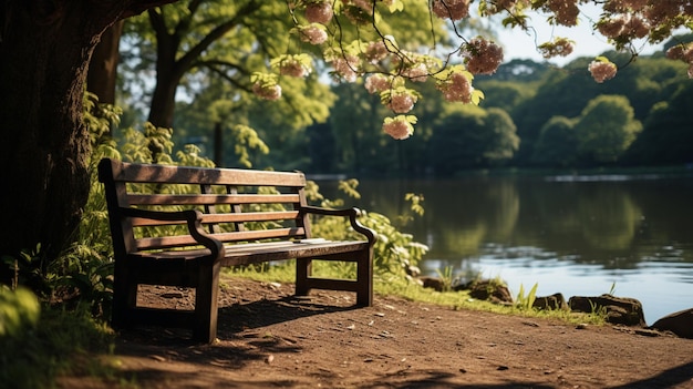 Bench under a tree in a park green nature around