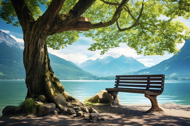 Foto panchina sotto l'albero sulla riva del lago nelle montagne delle alpi